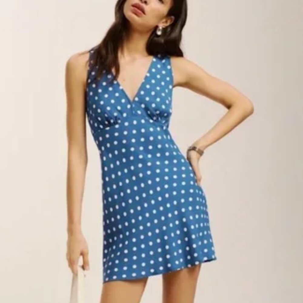 Reformation Calix Mini Dress Lazuli Blue Polka Dot Sleeveless